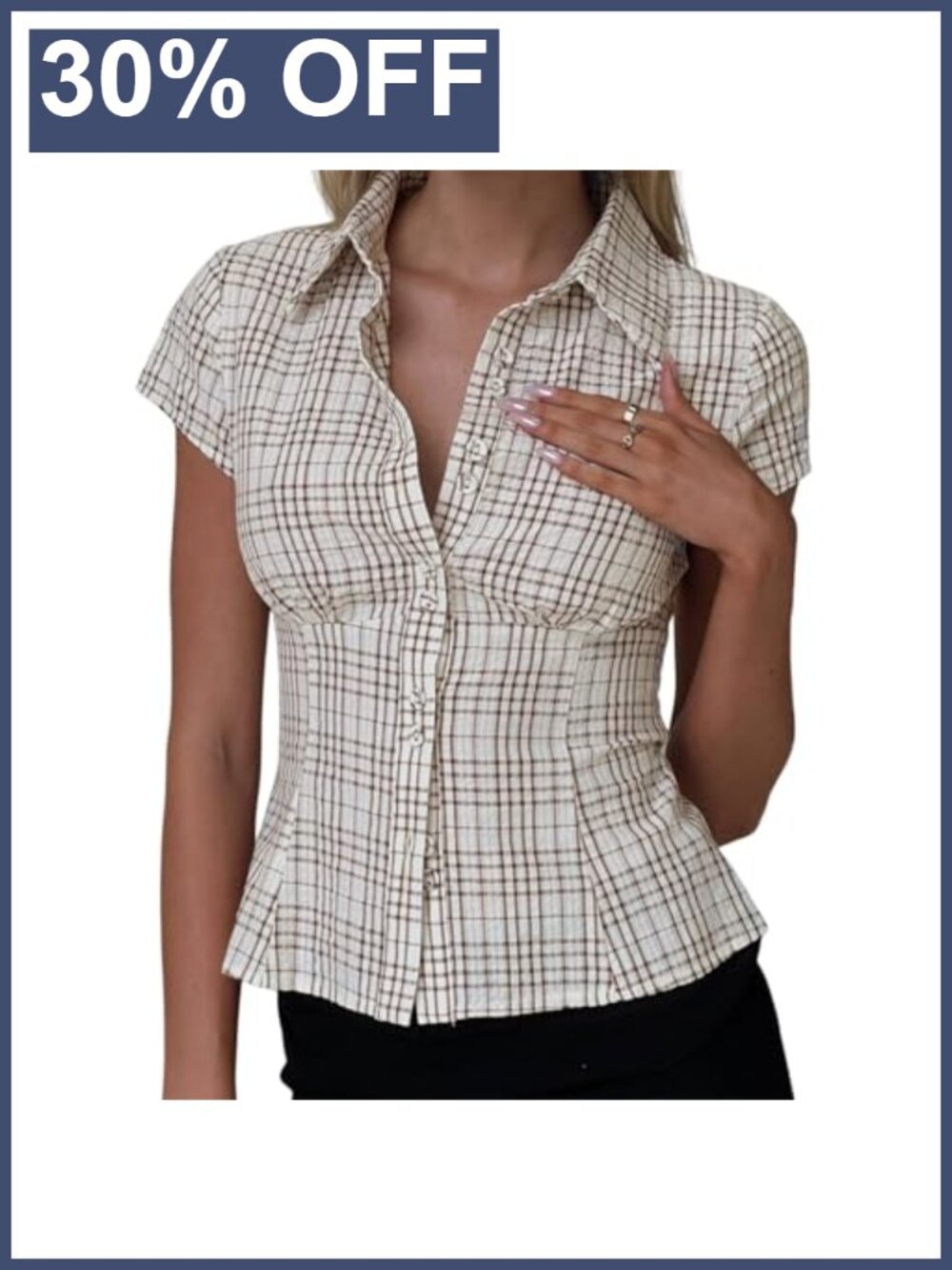 Women Plaid Button Up Shirt Short Sleeve Lapel Collar Blouse Summer Casual Top